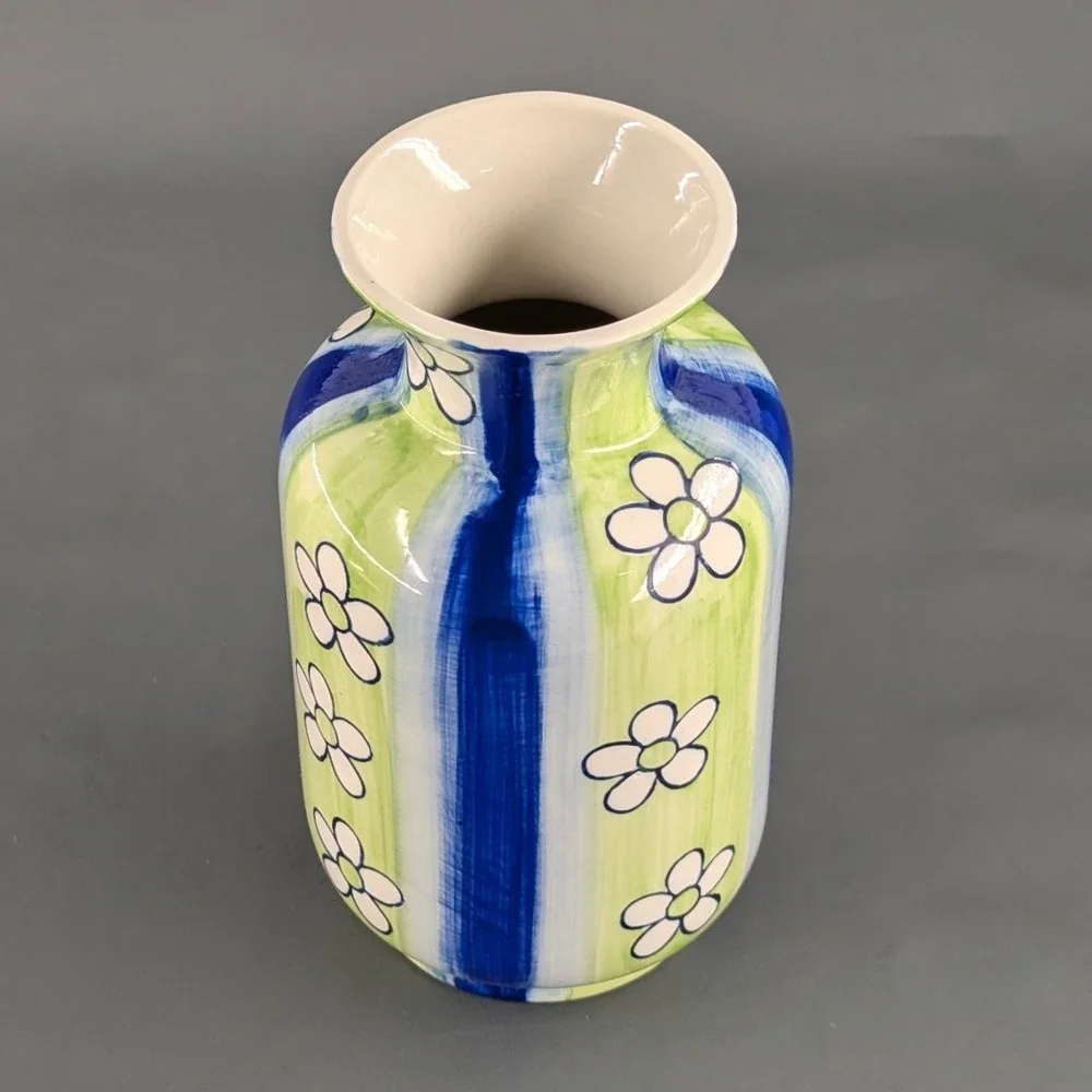 Hand Painted Ceramic Floral Vase Blue Green Striped Daisy Pottery 8 Inch